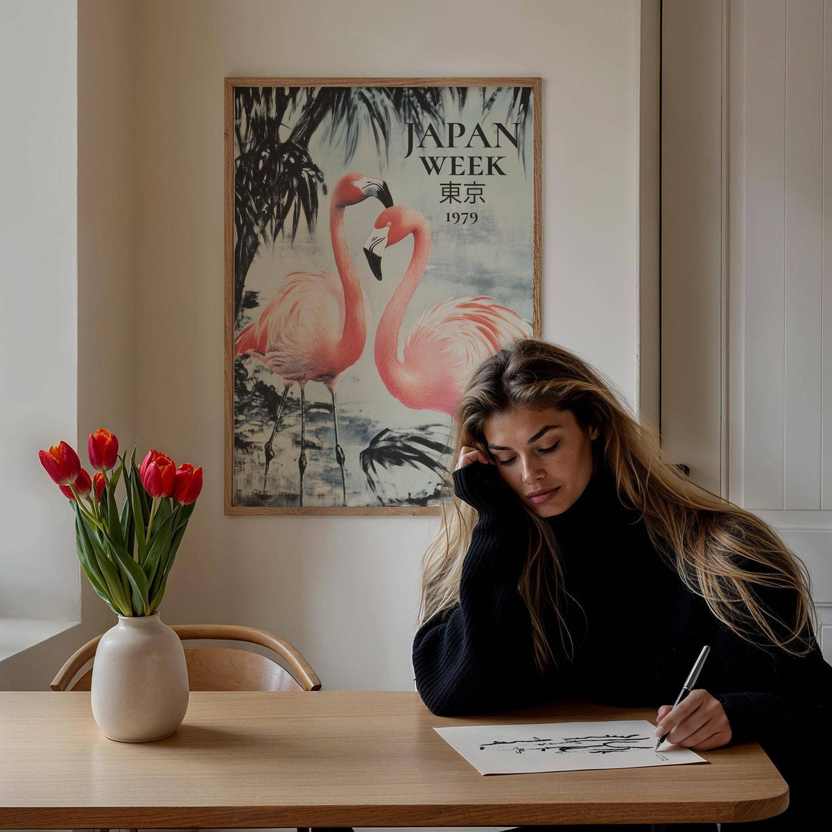 Prints of Flamingos wall art of two flamingos in pink and black hanging above a woman drawing