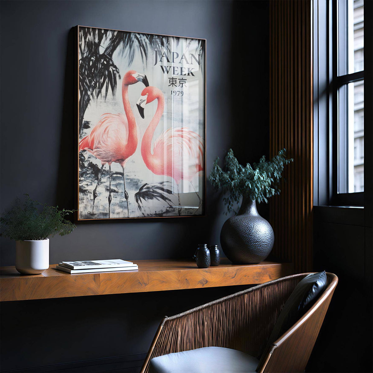 Prints of Flamingos wall art of vintage style flamingo illustration in a room with a wooden shelf and plants