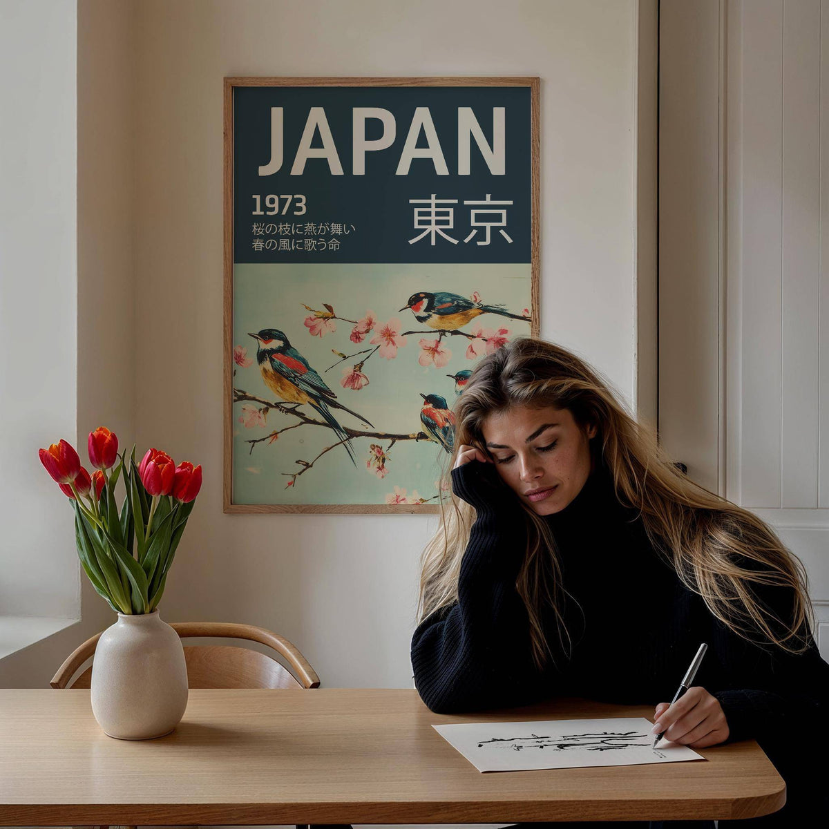 Japanese Bird wall art featuring swallows on a cherry blossom branch above a wooden table with tulips and a woman drawing