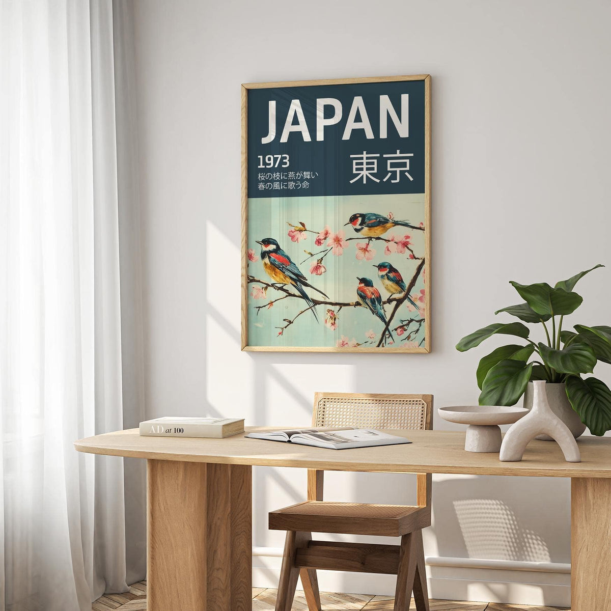 Japanese Bird wall art with swallows on cherry blossom branches in soft pink and blue above a dining table