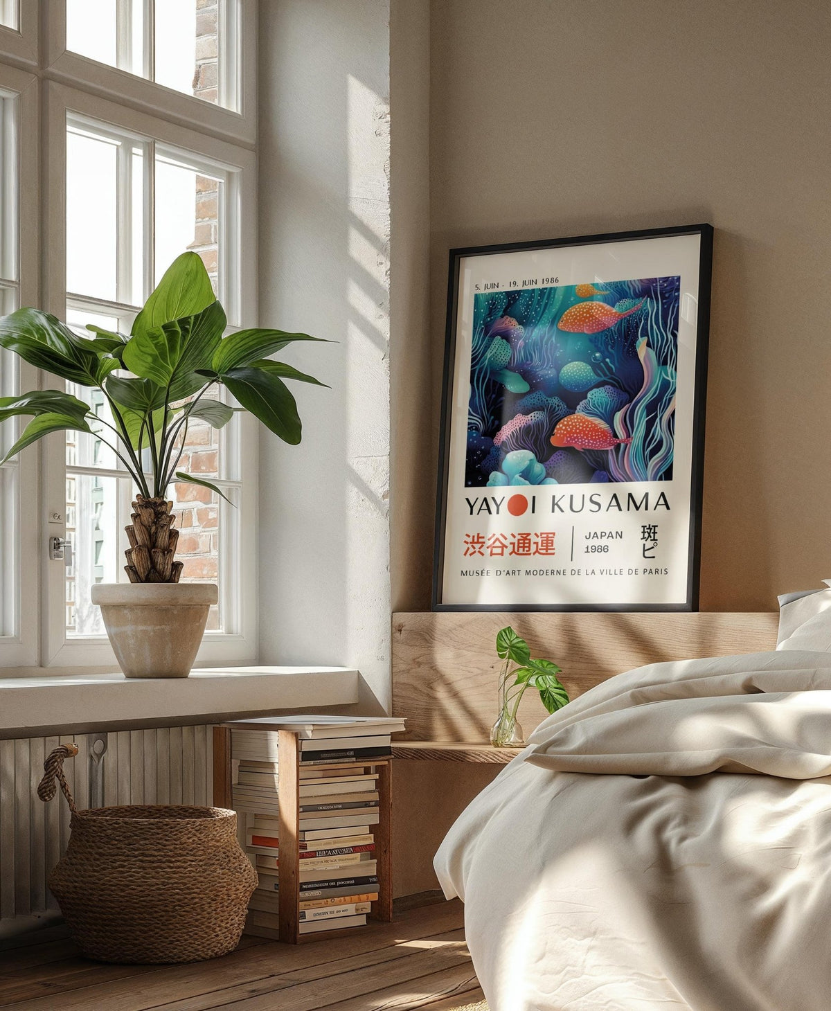 Framed Colorful Fish Art with red and blue spotted fish leaning on a wooden bed headboard with plant
