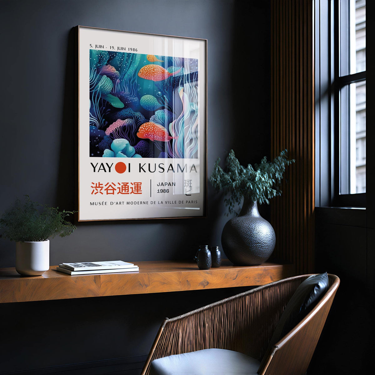 Colorful Fish Art framed print with spotted fish and coral details in a dark room with a wooden shelf