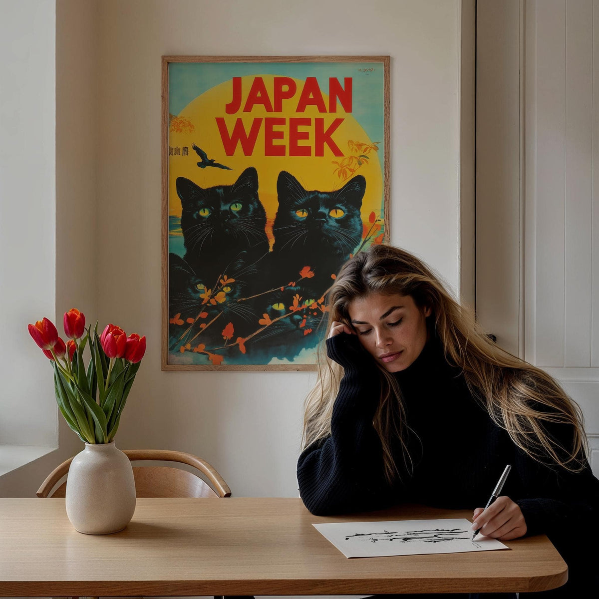Retro wall prints of black cats with yellow eyes and autumn leaves above a wooden table with tulips