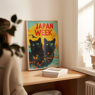 Print leaning on a desk of black cats with yellow eyes and a bold yellow sun in a warm room