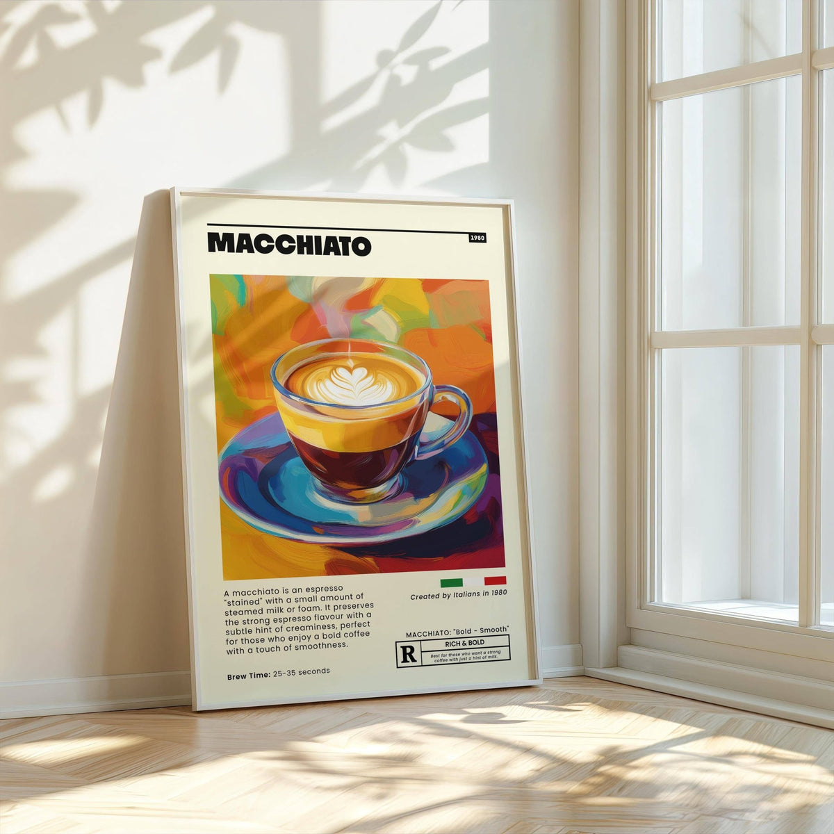 Framed Coffee Poster of a macchiato coffee cup with colourful steam leaning by a window