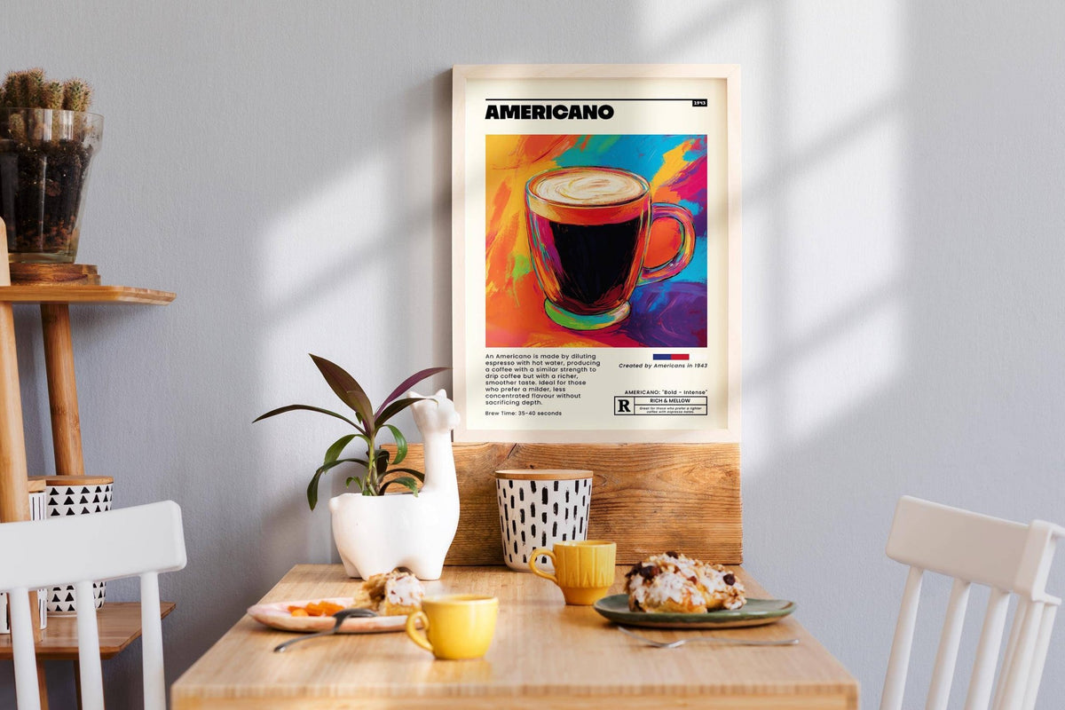 Coffee print for kitchen on a pale wall above a wooden table with cups and plant