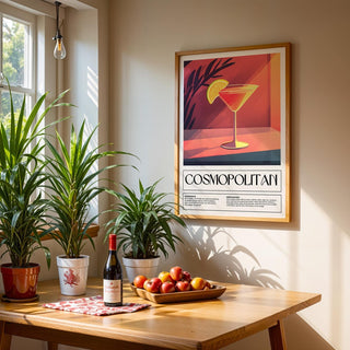 Drink Poster Art framed print of a cosmopolitan cocktail with orange and pink hues above a wooden table with plants
