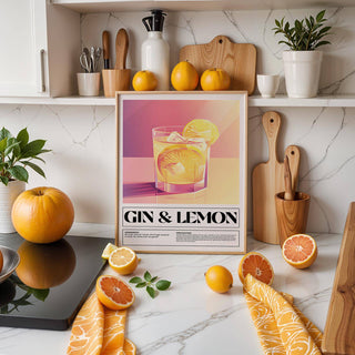 Bar wall decor of a gin and lemon cocktail illustration with yellow and pink shades in a kitchen scene with fruit and wooden boards