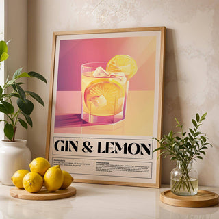 Bar wall decor leaning on a marble surface with lemons and green plants around