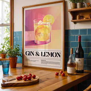 Bar wall decor of a gin and lemon cocktail illustration with warm pink and yellow tones in a kitchen