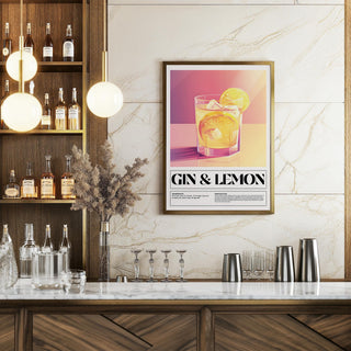 Bar wall decor illustrating a gin and lemon cocktail with warm colours above a bar counter