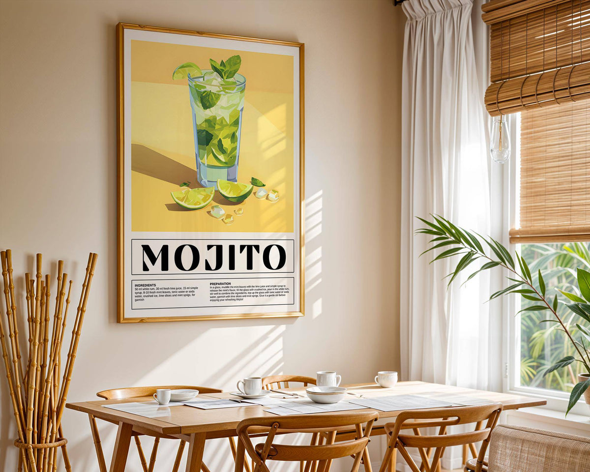 Bar decor for home mojito cocktail recipe print hanging on wall above a dining table with white cups