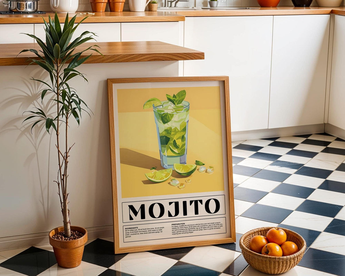 Bar Decor for Home print leaning on a kitchen floor with a tall plant and basket of oranges