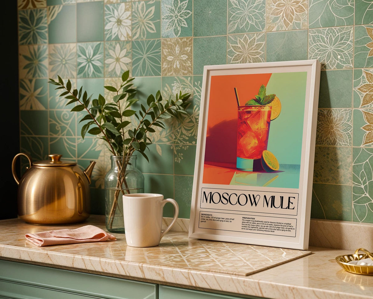 Home Bar Decorations print of a moscow mule cocktail with bright orange and green background leaning on a kitchen counter