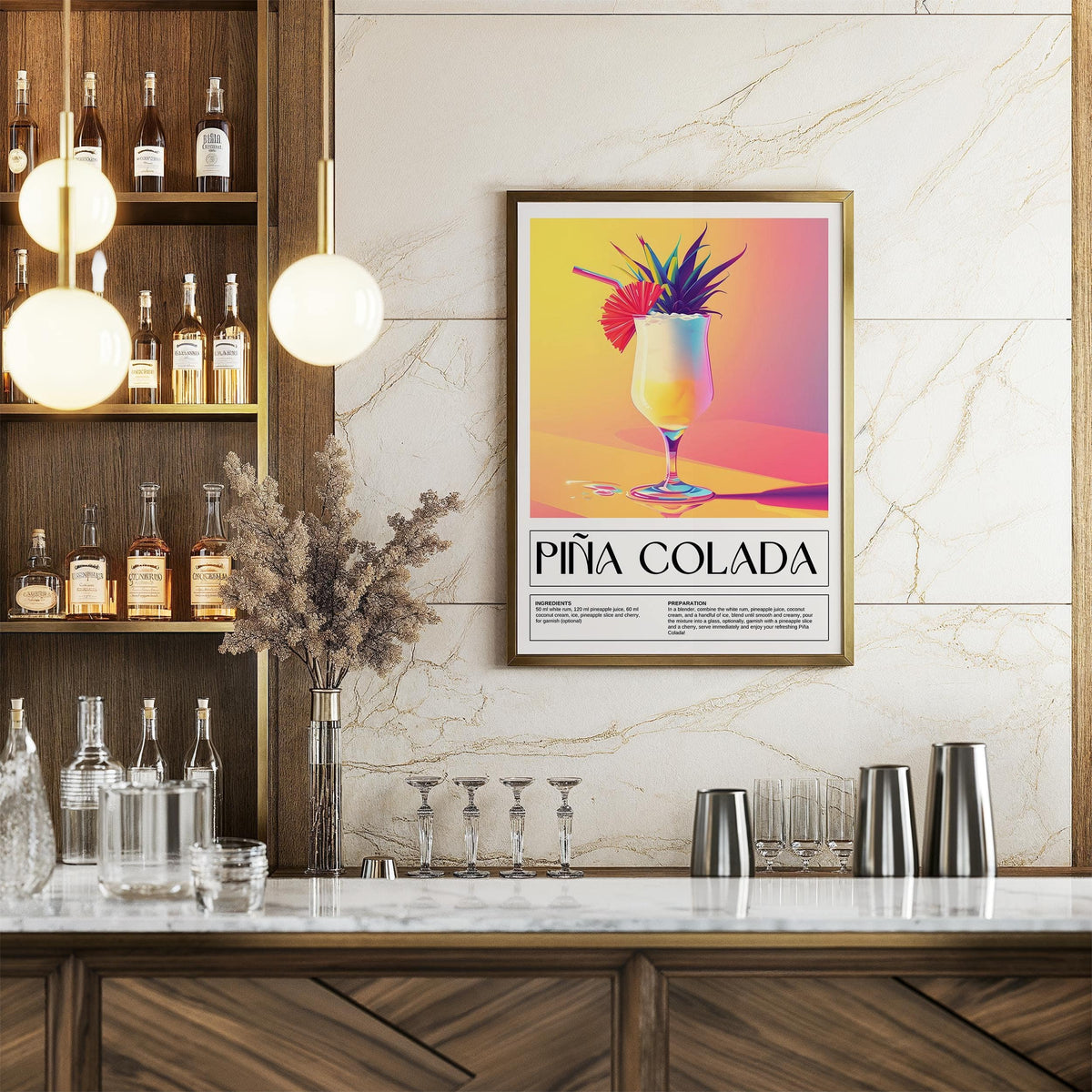 Drink wall art of a colourful piña colada cocktail illustration on a marble wall above a bar counter