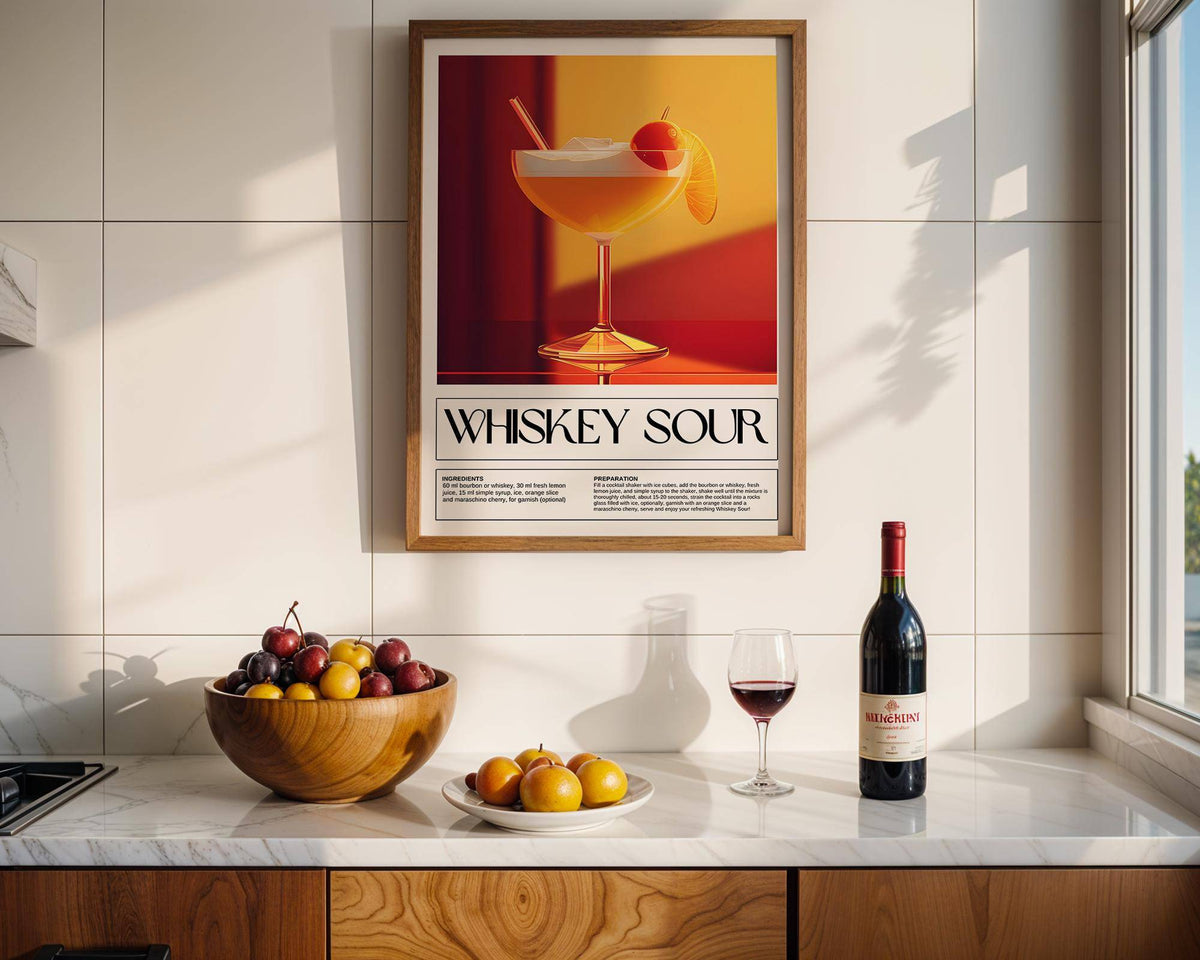 Wall Art for Bar Area print of whiskey sour cocktail with bright orange and red tones in a kitchen