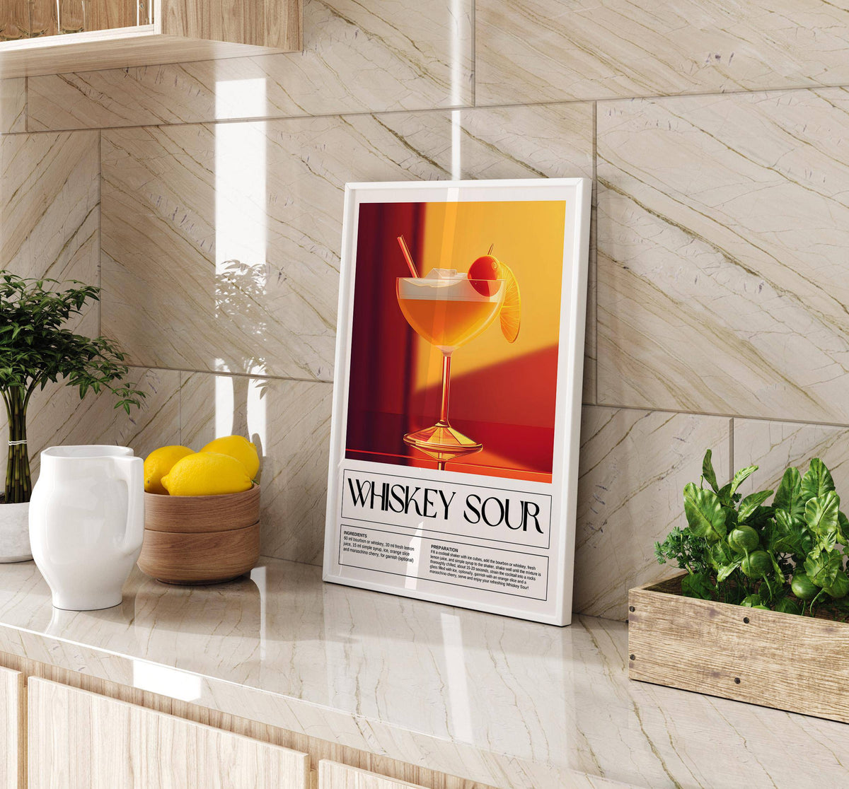 Wall Art for Bar Area leaning print of a whiskey sour cocktail illustration with warm red and yellow colours on a marble countertop