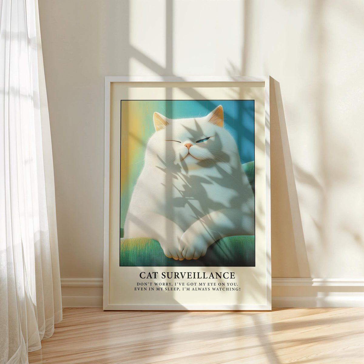 Cat Lover Gift print showing a white cat winking with light and shadows on the frame