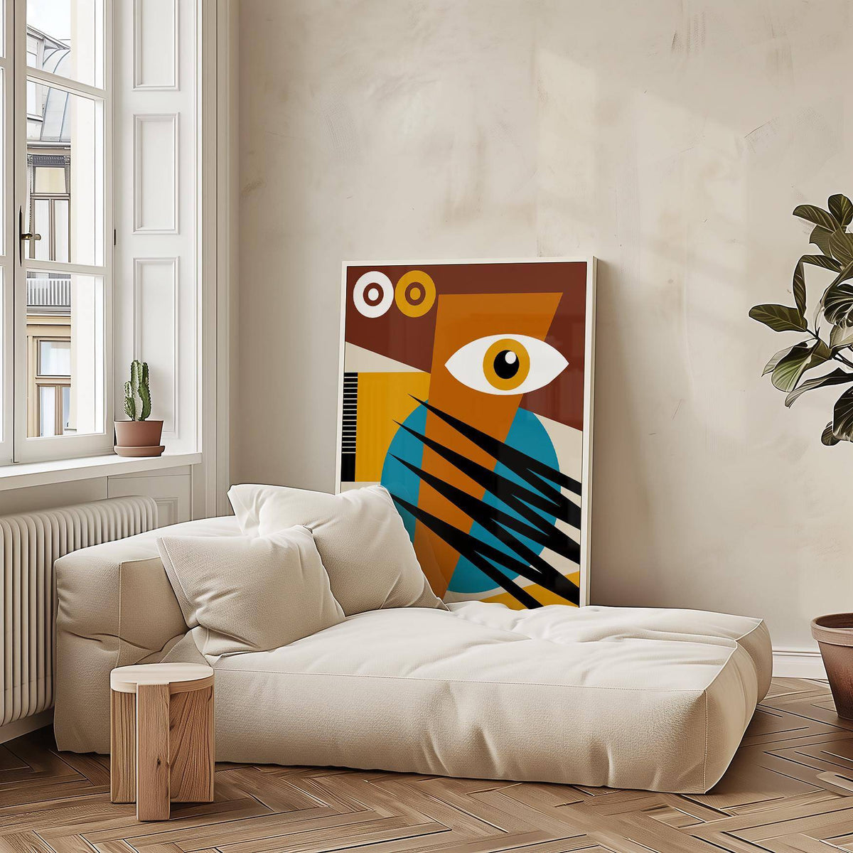 Geometric Poster leaning on a floor by a cream sofa with a small side table and plants