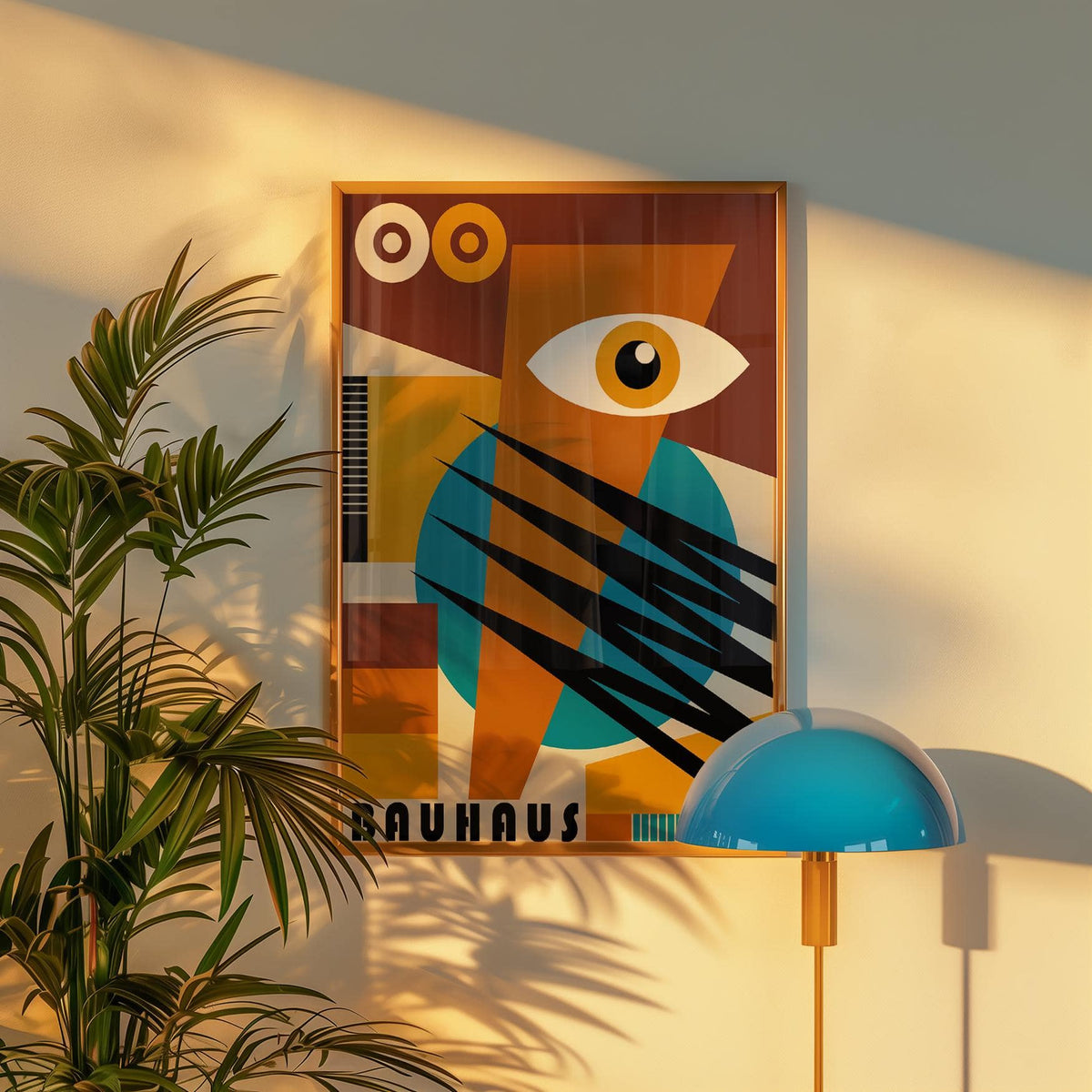 Geometric Poster framed print on a wall with abstract eye shape in warm shades and blue lamp beside