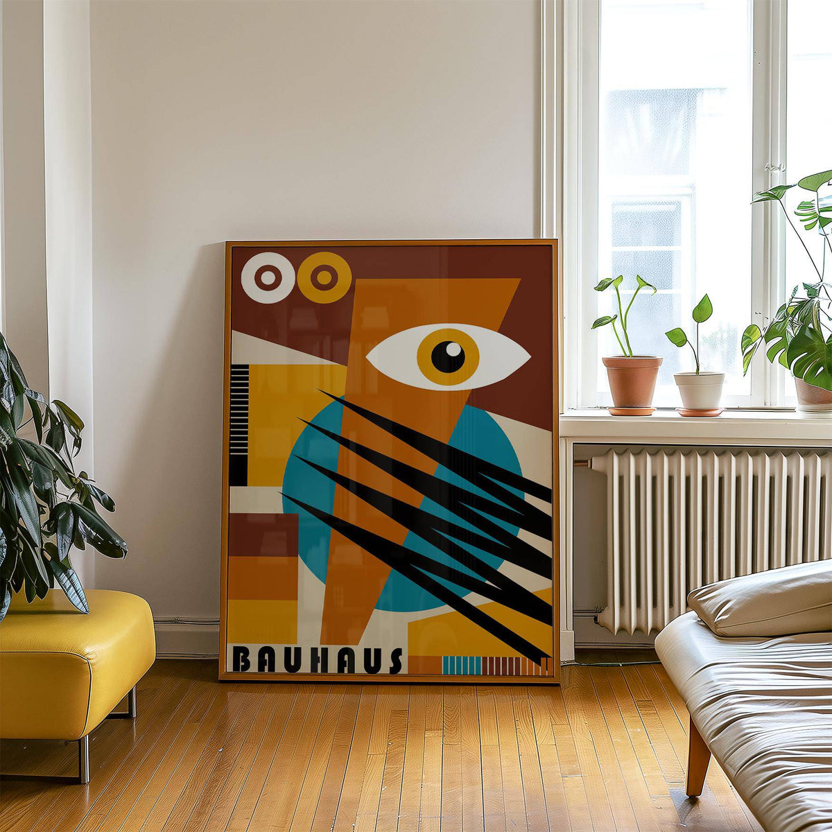 Geometric poster with abstract eye shape and brown blue yellow blocks leaning against wall by plants