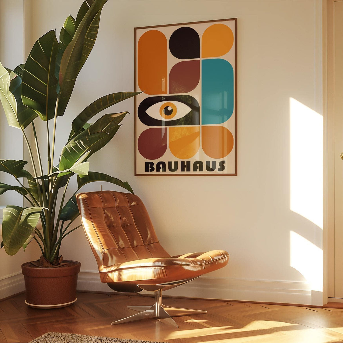 Print on a wall of geometric shapes wall art with abstract eye in bold colours above a leather chair