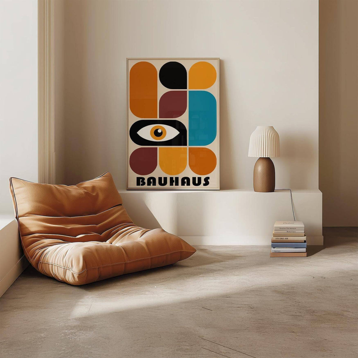 Geometric Shapes wall art with abstract eye in warm colours leaning on a ledge with a lamp and stacked books