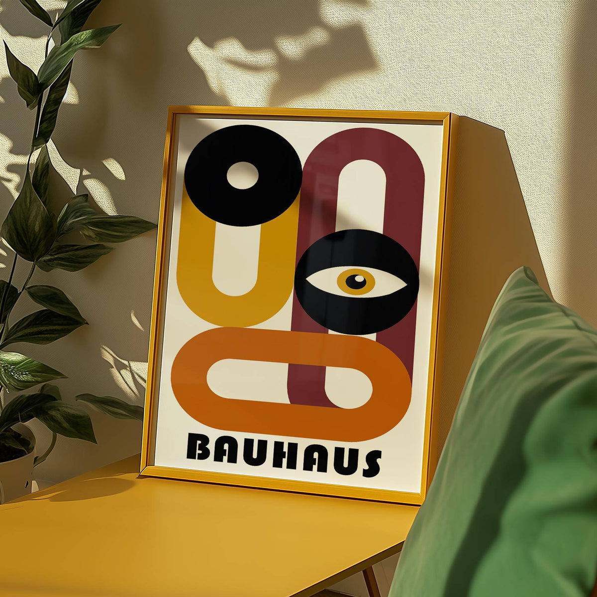 Framed print with an abstract eye and geometric shapes in black, ochre, and maroon leaning on a yellow table with a green cushion nearby
