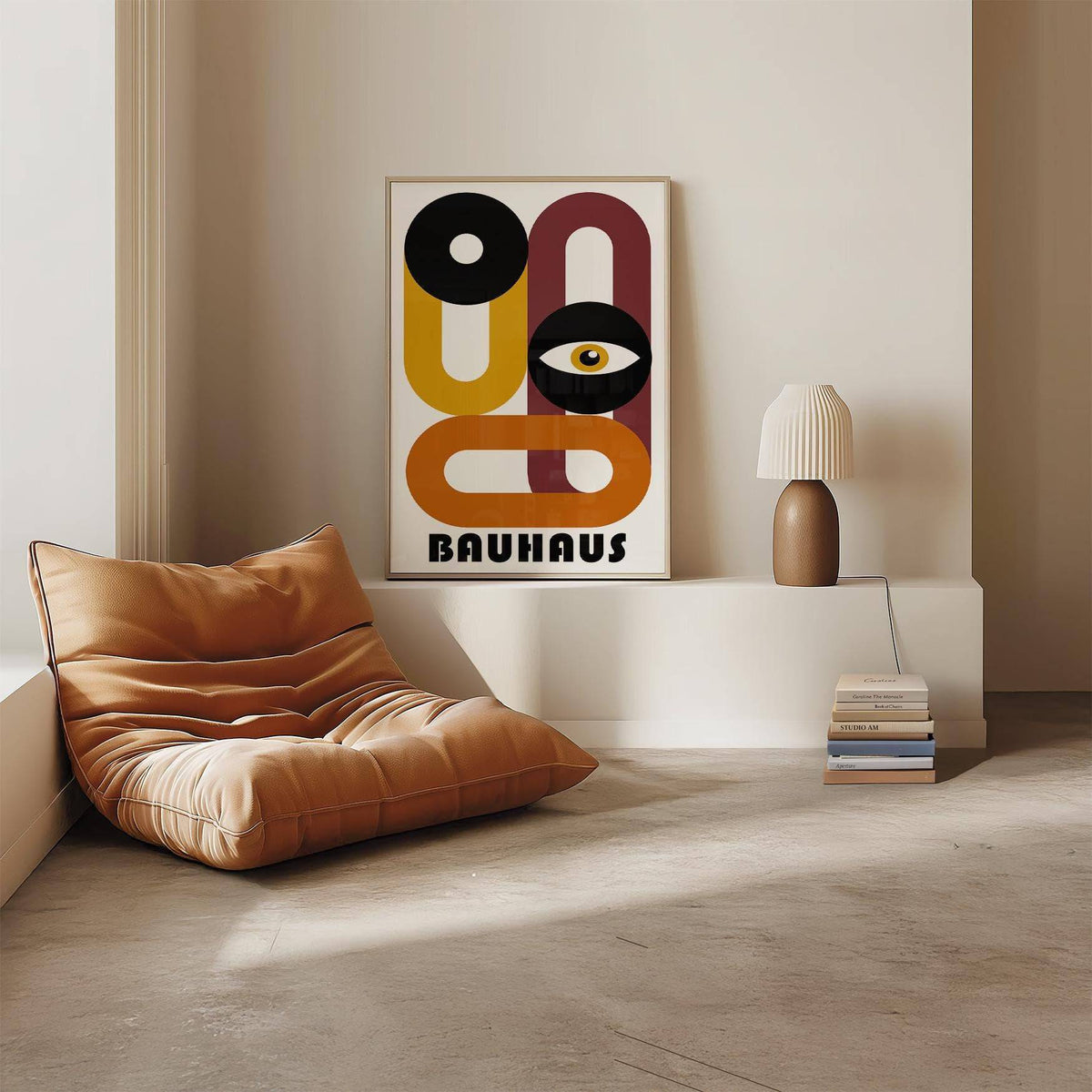 Retro Home Decor print leaning on a ledge with a brown chair and lamp nearby in a neutral room