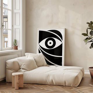 Black Eye Poster print leaning on wall abstract black and white eye with plant on right