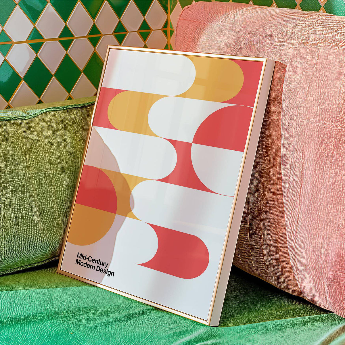 Framed Mid Century Art with coral and mustard geometric shapes leaning on a green cushion
