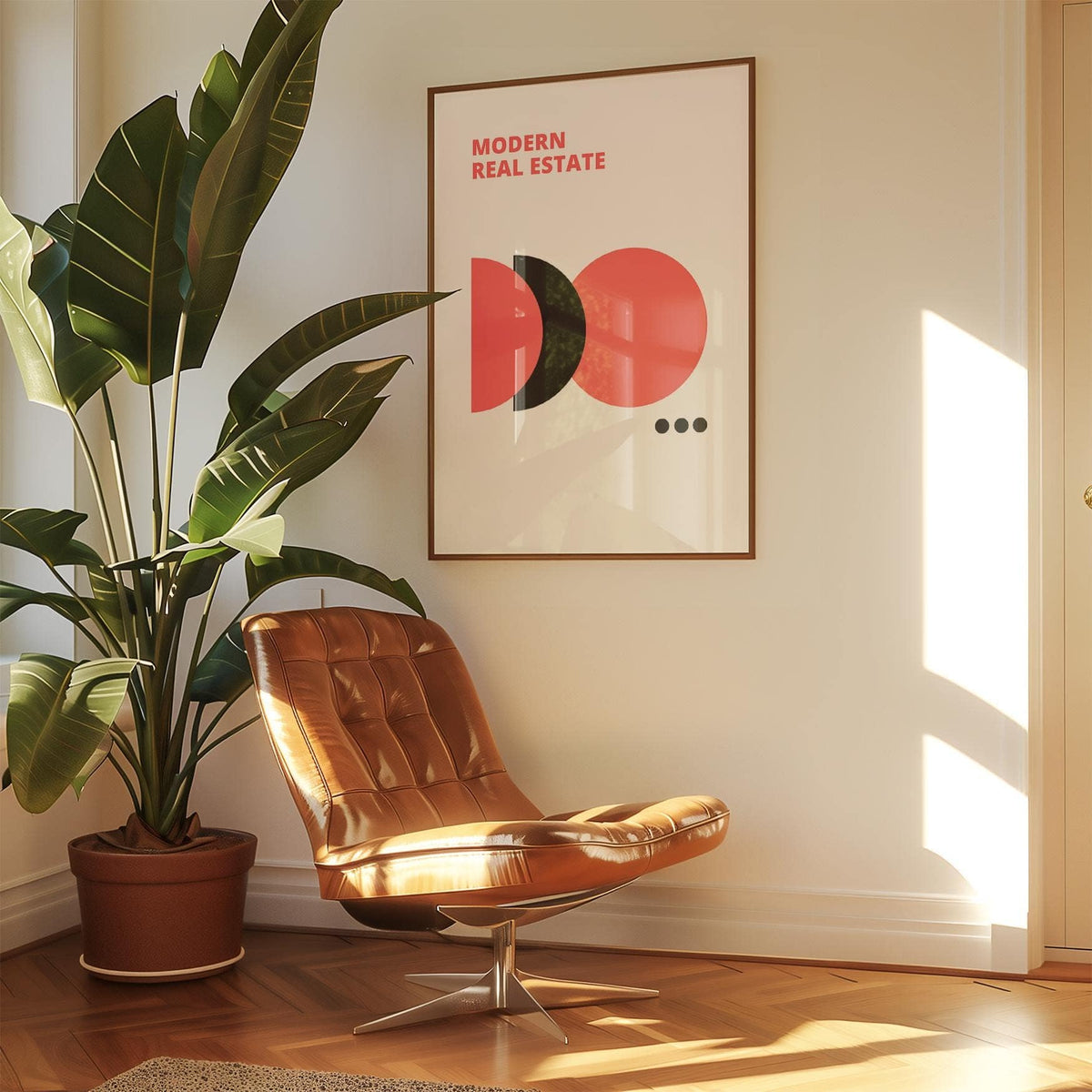 Red Black and White Wall Art with geometric shapes and text in a bright room with a leather swivel chair and plant