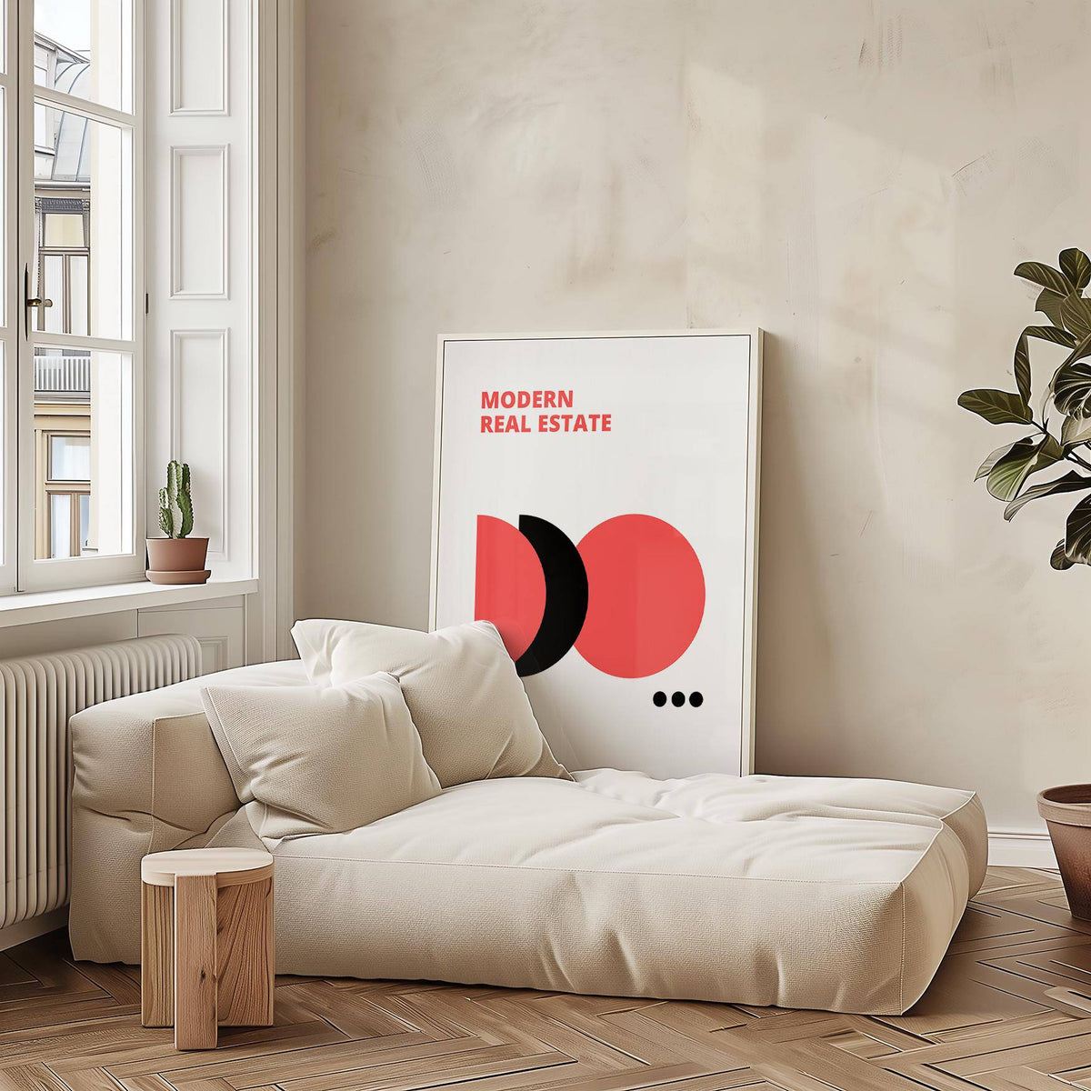 Print leaning on floor with modern real estate text in red black and white beside a cream sofa and small wooden stool