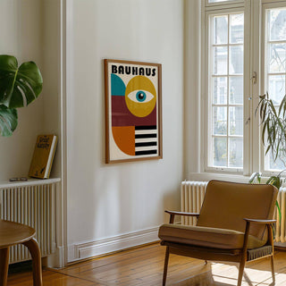 Print on a wall in a room with a brown chair and wooden floor featuring a stylized eye graphic in mustard and teal