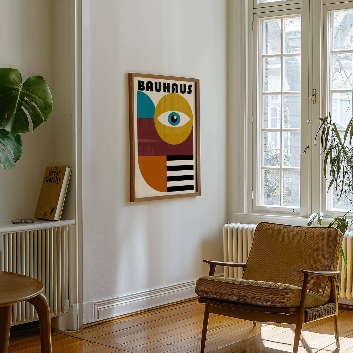 Print on a wall in a room with a brown chair and wooden floor featuring a stylized eye graphic in mustard and teal
