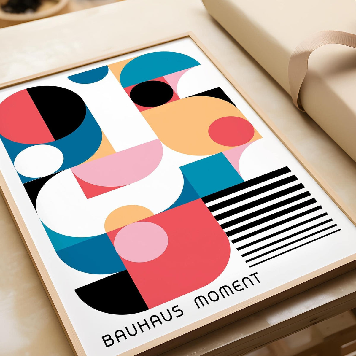 Framed Bauhaus Poster Color close-up of abstract geometric shapes in red blue pink and black