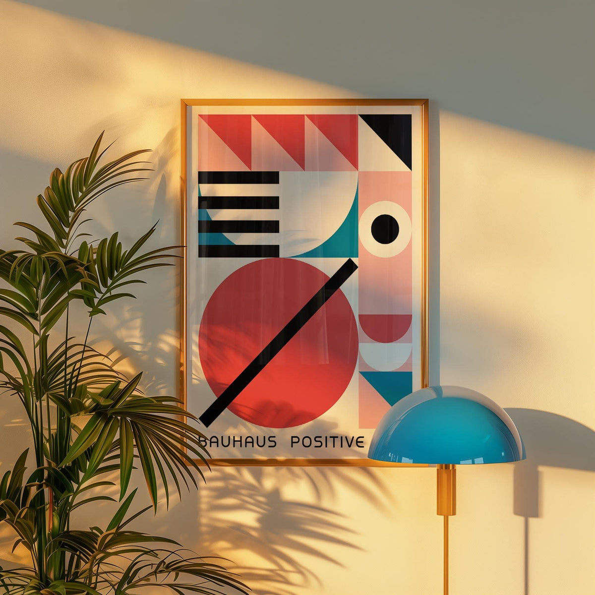 Framed Colorful Geometric Art with large red circle and black stripe lit by golden hour sun beside a green plant and blue lamp