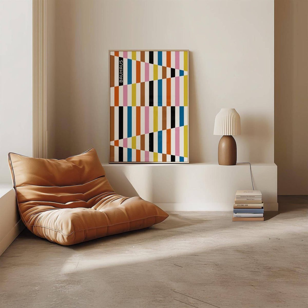 Colorful Block Print leaning on a white ledge with a modern lamp and stack of books nearby in a neutral room