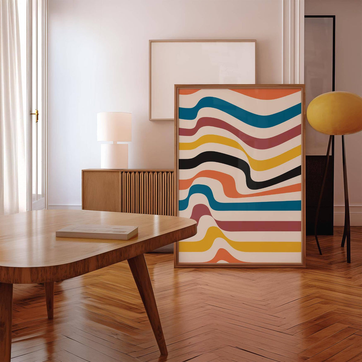 Art Work for Wall leaning print with wavy coloured stripes near a yellow floor lamp in a room