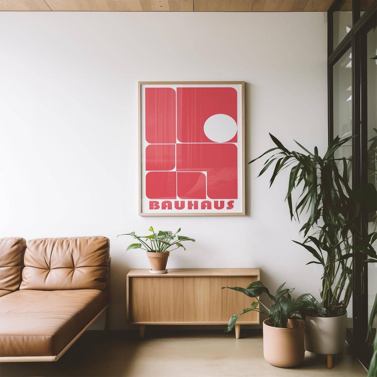 Red wall art decor with rounded rectangles and white circle hung above a wooden sideboard in a living room