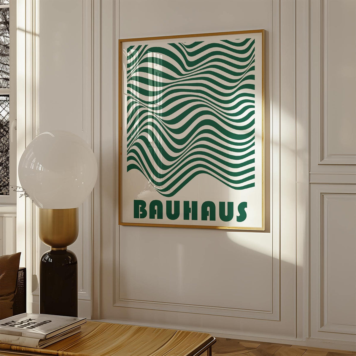 Green and white wall art with wavy bauhaus stripes in a room near a lamp on a table