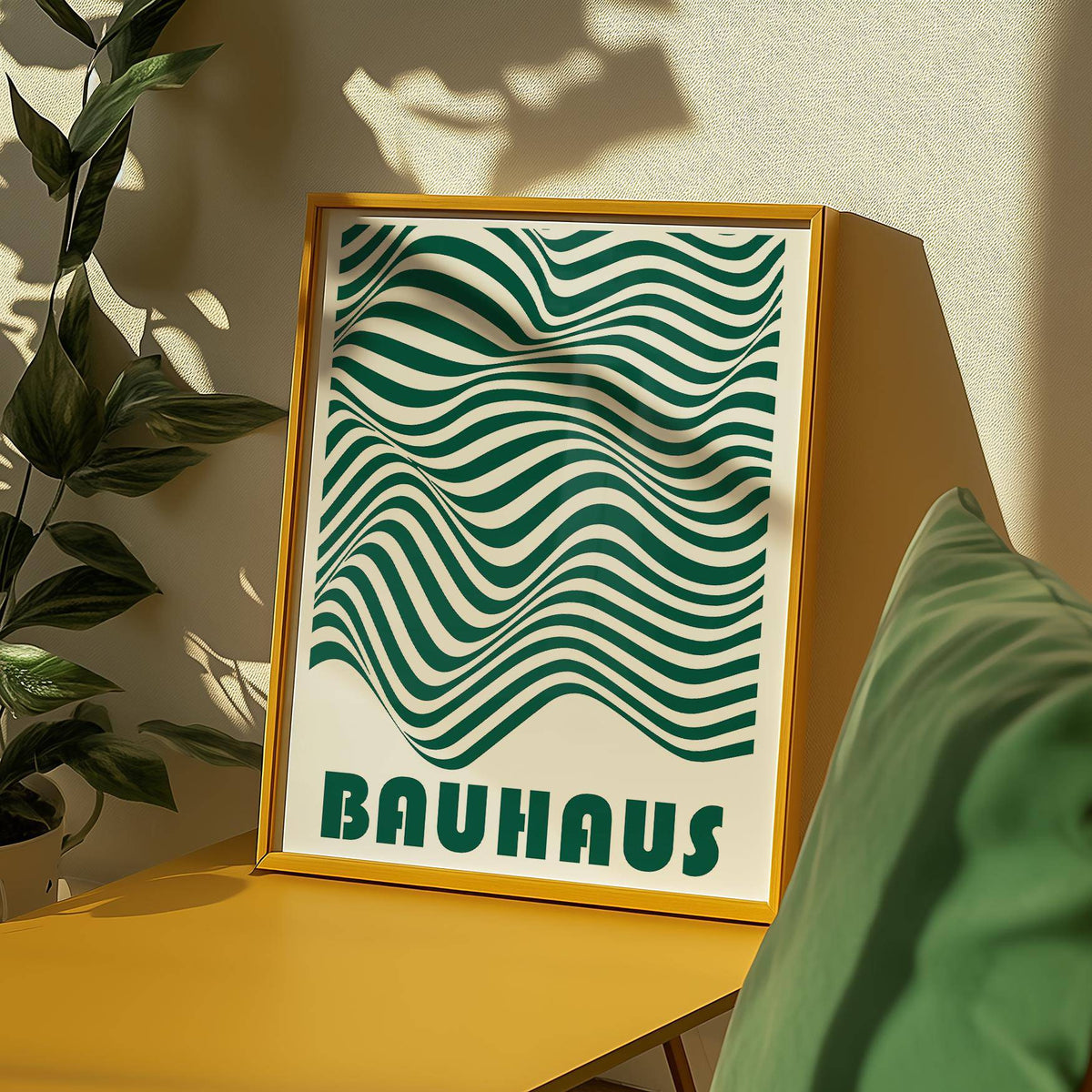 Green and White Wall Art framed print with wavy stripes leaning on a yellow side table near a green cushion