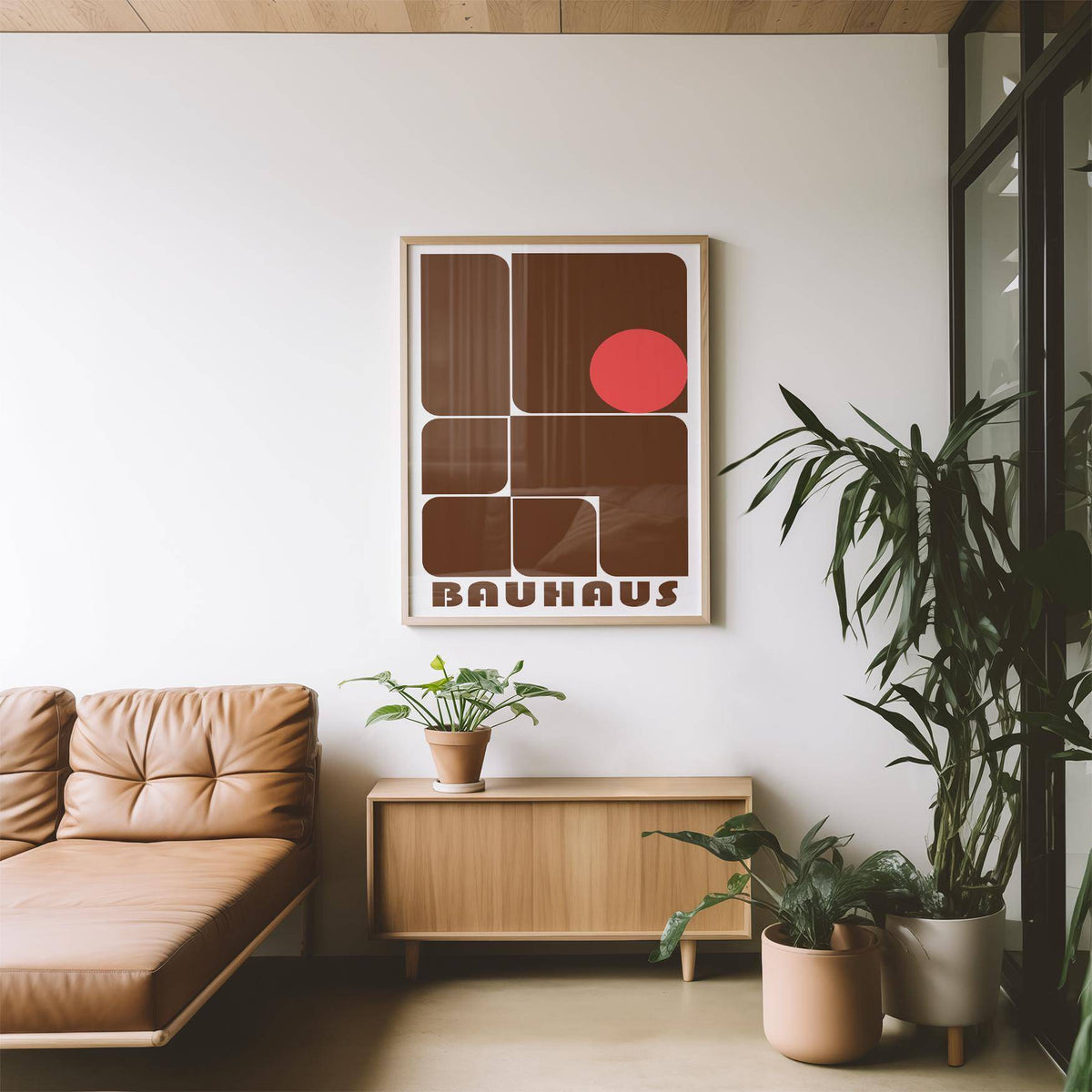 Wall Art for Offices with brown geometric shapes and red circle above a wooden sideboard in a room