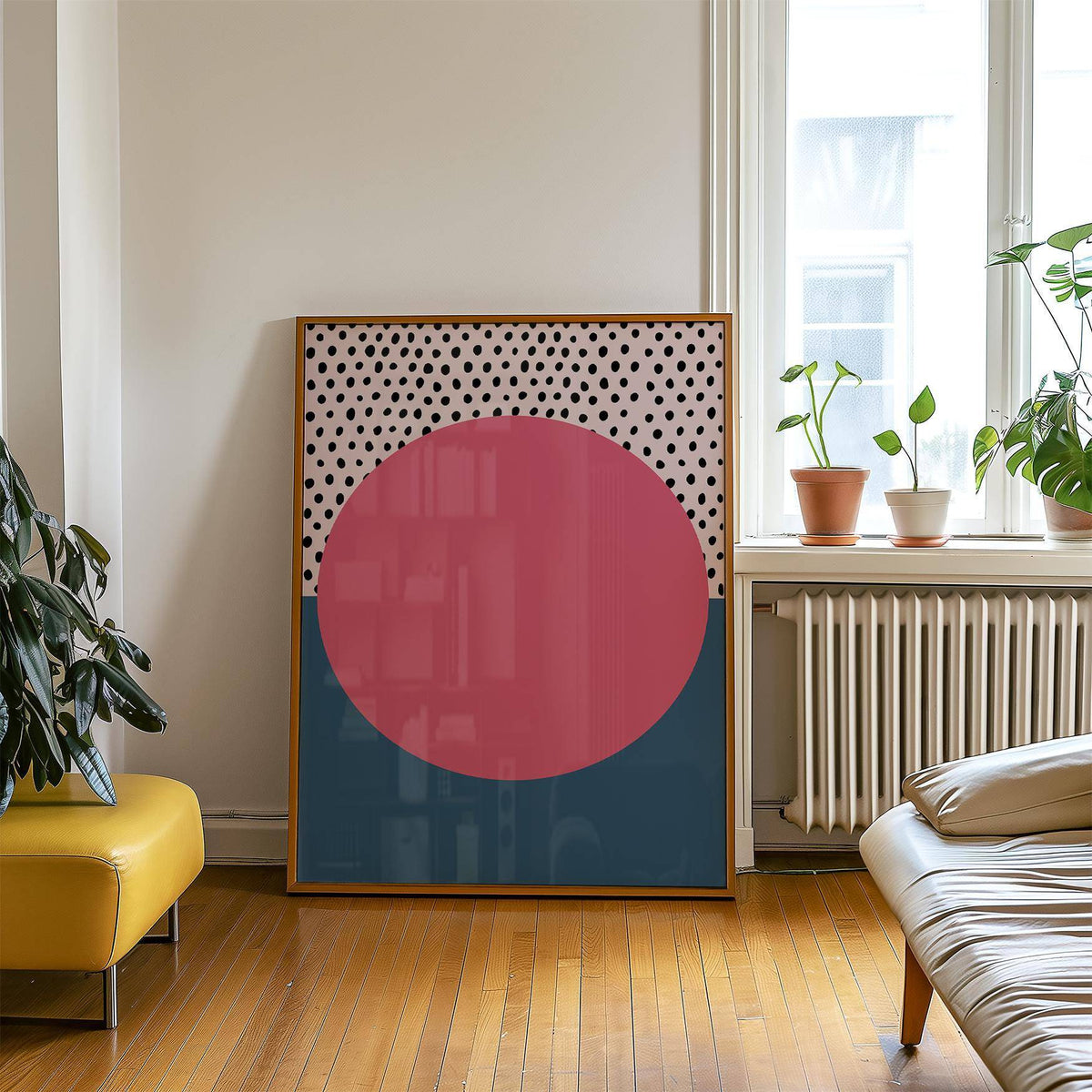 Modern Abstract Art Geometric leaning on floor with plants and a window in the background