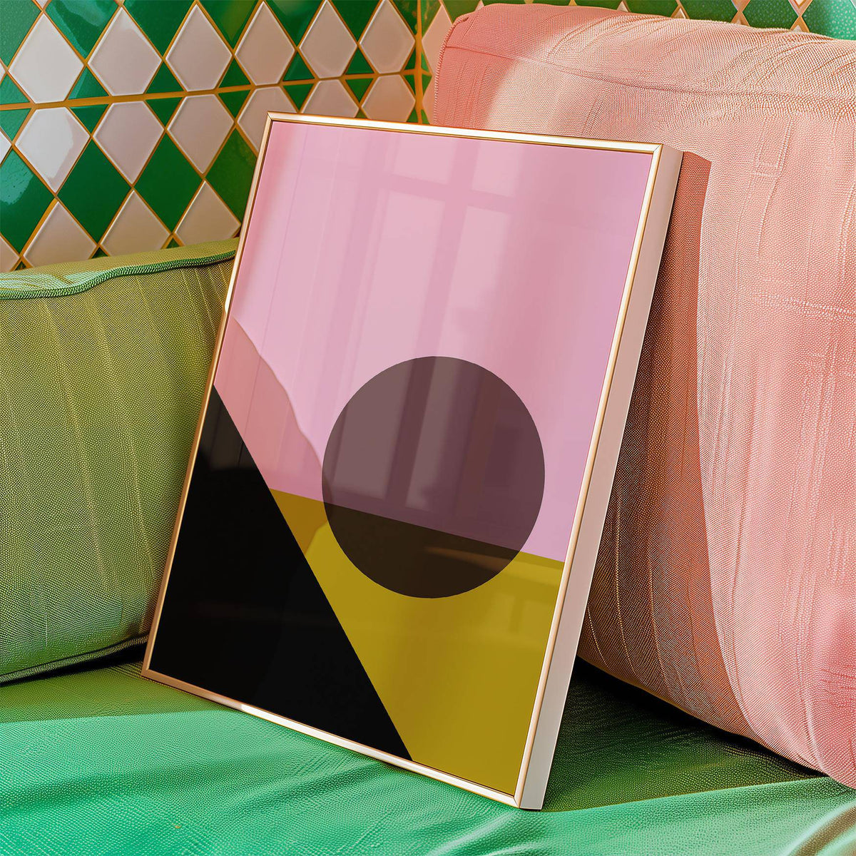 Framed close-up of bright colored artwork with pink, yellow and black abstract shapes leaning on a pink cushion