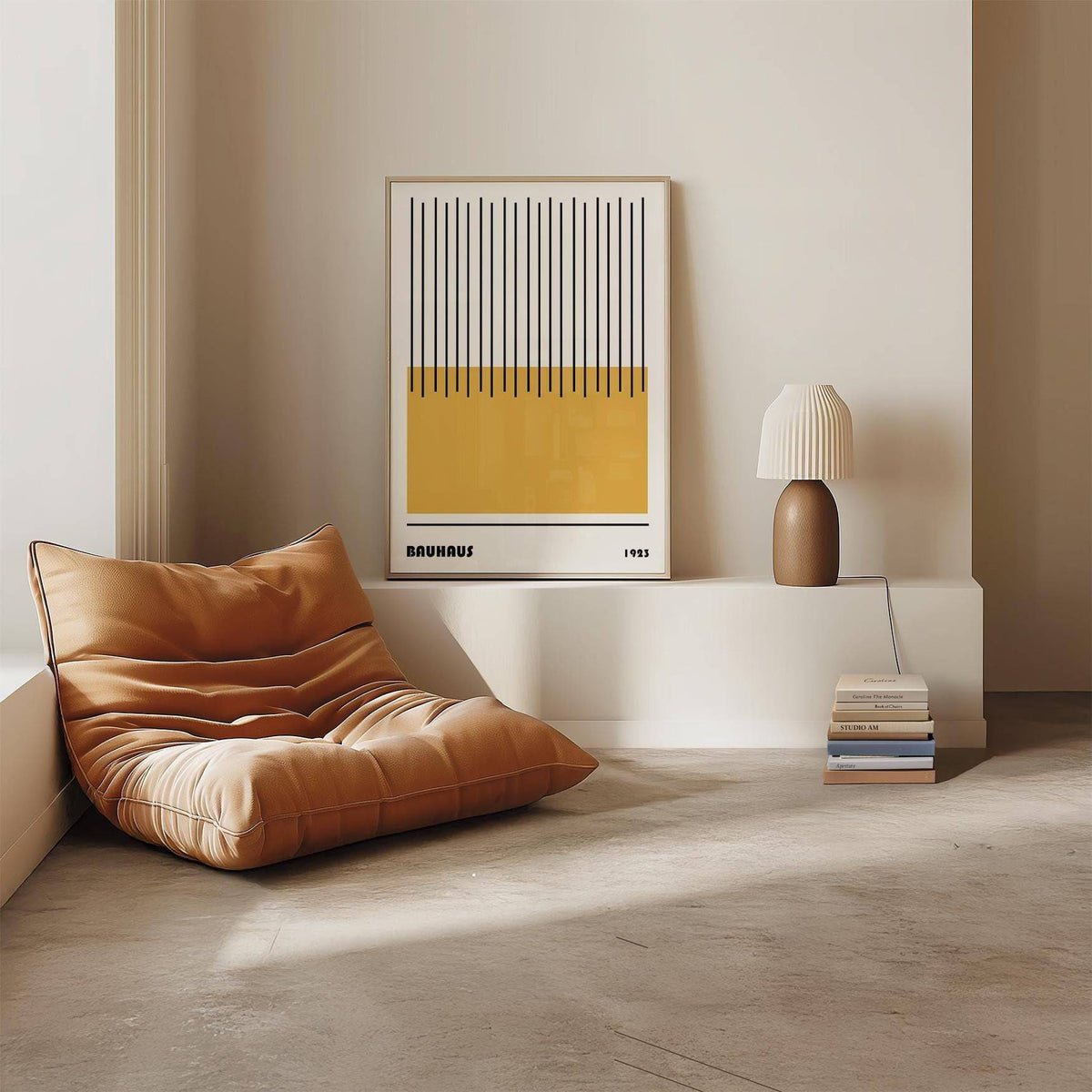 Modern Geometric Art print with a yellow rectangle and black lines beside a soft brown chair and beige lamp