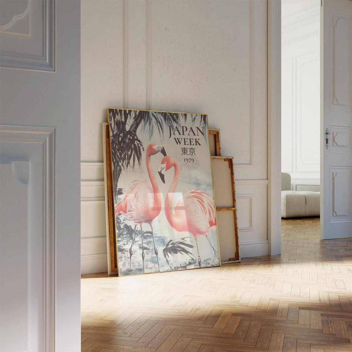 Prints of Flamingos leaning print of two illustrated pink flamingos with vintage style in a sunlit room