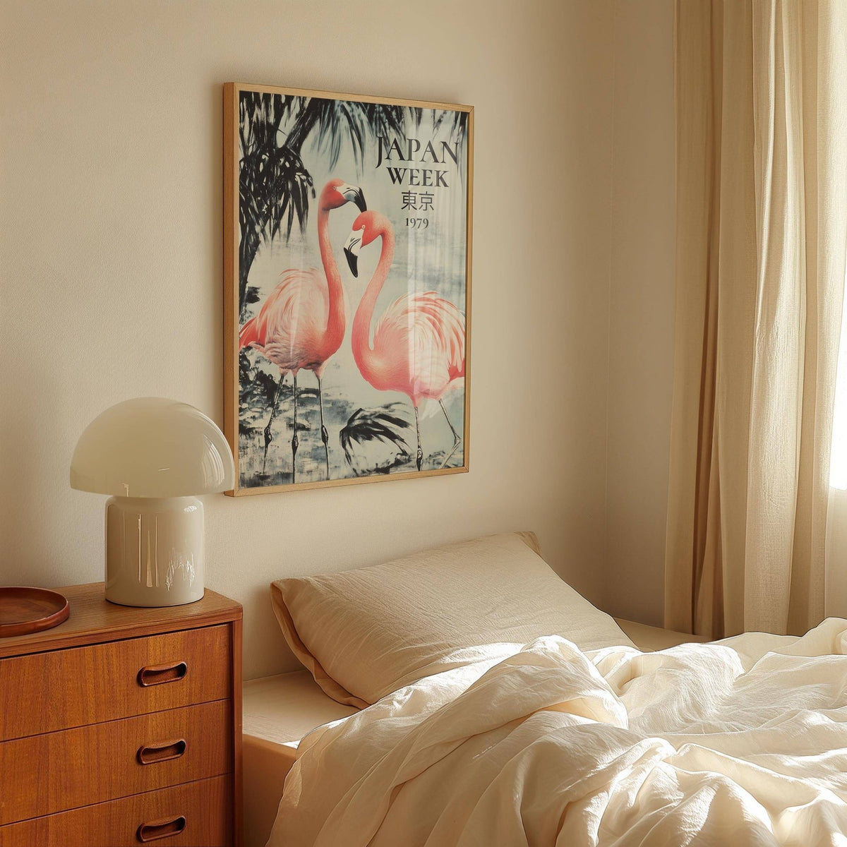 Prints of Flamingos wall art showing two pink flamingos vintage illustration beside a wooden bedside cabinet with a lamp