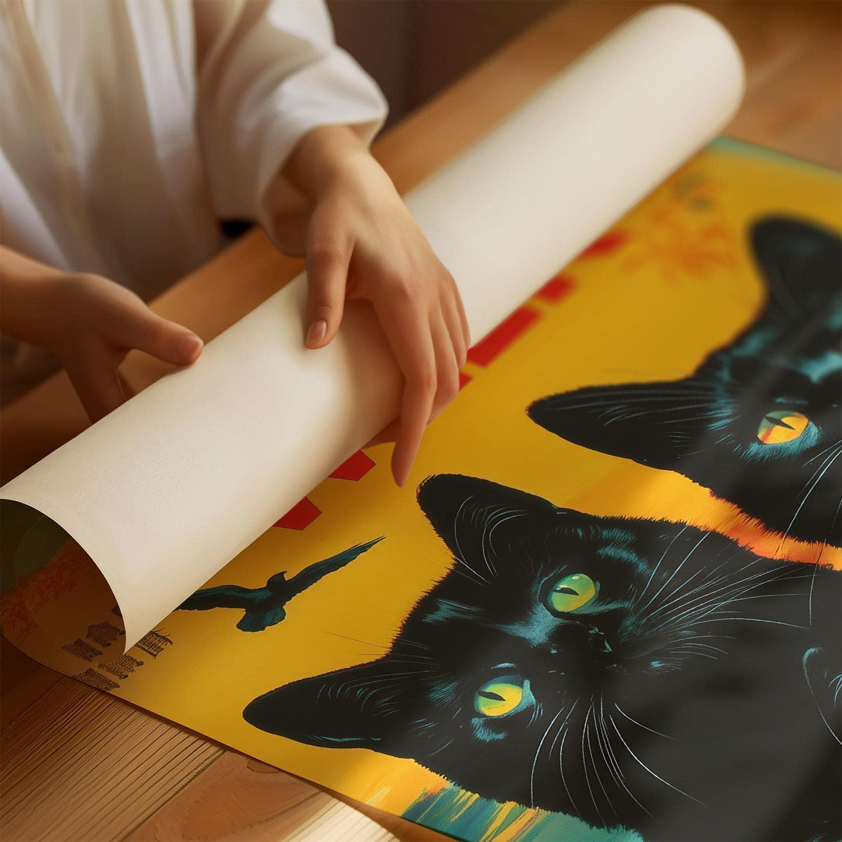 Rolled print of black cats with yellow eyes and a large yellow sun on a table