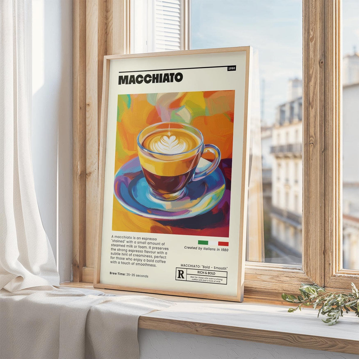 Coffee poster leaning on a wooden window sill featuring a colourful macchiato illustration with steam and text